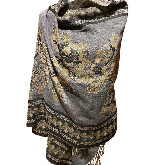 Floral Cejon scarf Large wrap scarf Charcoal Tan Neutrals Capsule Wardrobe - Picture 1 of 3